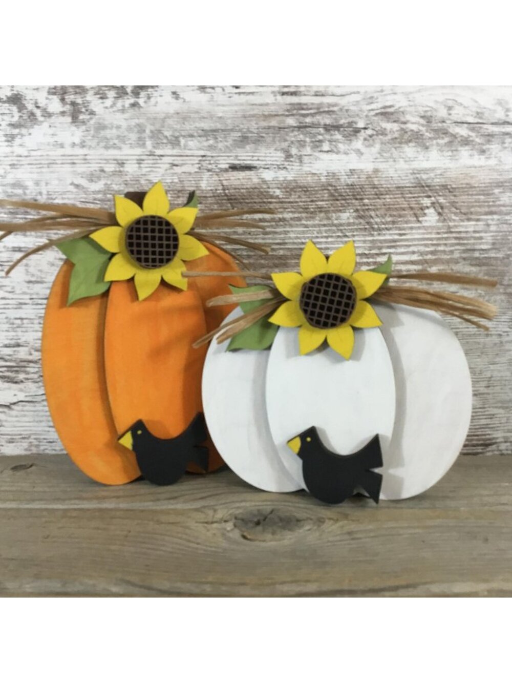 Hand-Painted Wood Pumpkin Set of 2 – Sunflowers, Black Bird, Fall Decor